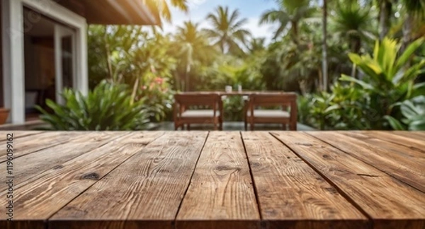 Fototapeta Empty wood table top on a tropical home terrace setting with a blurred background. The focus is on the table surface.