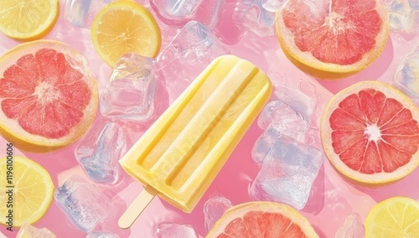 Fototapeta Refreshing citrus popsicle on ice with lemon and grapefruit slices.