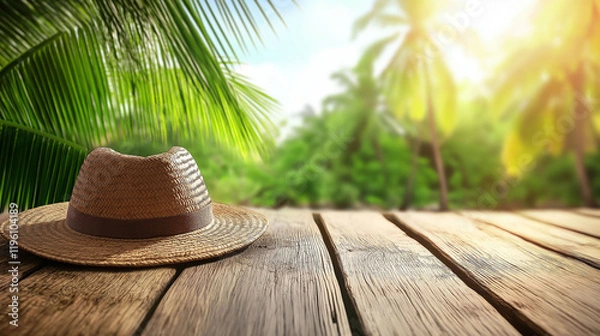 Fototapeta Hat on wooden table in front of vegetation and palm trees. Vacation