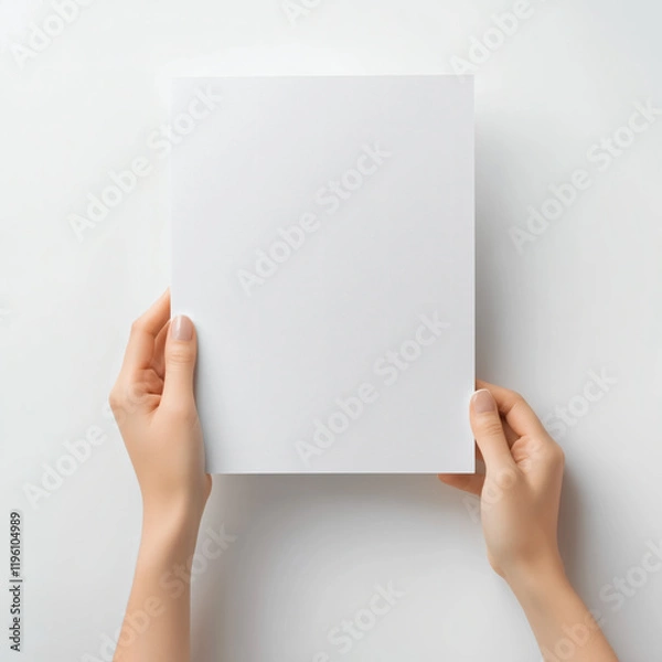 Fototapeta Two Hands Holding a Blank White Sheet of Paper against a Plain Background