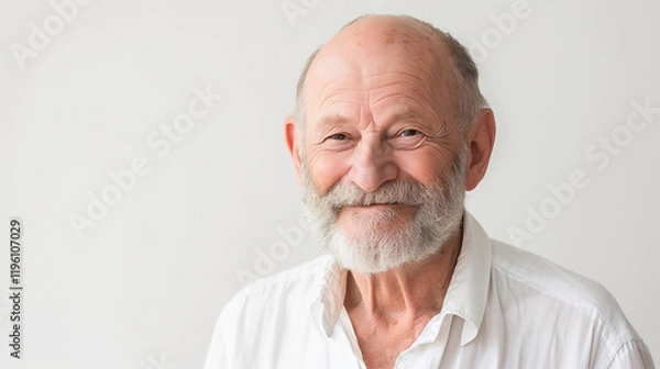 Fototapeta Portrait of an Elderly Man with a Kind Smile, Wisdom and Experience Accentuated by the Simplicity of a White Background