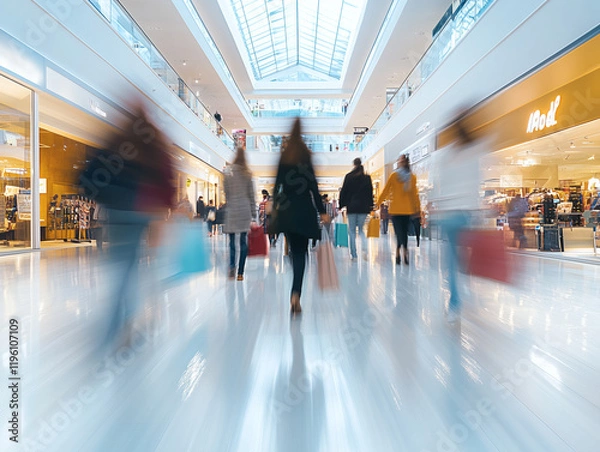 Fototapeta Blurred People Walking in Shopping Mall with Dynamic Motion Effect