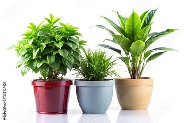 Fototapeta Three Potted Indoor Plants, White Background, Copy Space Left