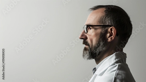 Fototapeta Lab Coat Professional in Profile, Glasses Glinting with Knowledge and Dedication, White Backdrop Emphasizing Expertise