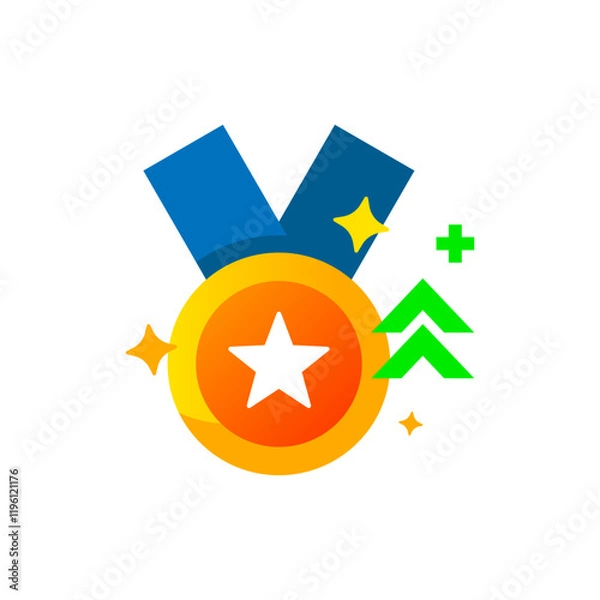Fototapeta Flat illustration of a medal necklace with upward arrow. user level up in an application or website. for depicting achievements, rewards, progress, or unlocking new benefits in gamification systems