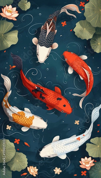 Fototapeta Vector illustration of koi fish, simple flat style with simple lines, on a blue background with lotus leaves and water lilies in the corners. Each koi fish is in a different color, depicted in a top-d
