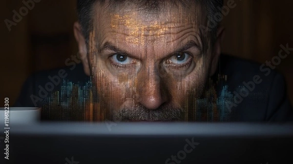 Obraz Close-up of a man's face, focused on a computer screen with data visualizations.