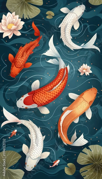 Fototapeta Vector illustration of koi fish, simple flat style with simple lines, on a blue background with lotus leaves and water lilies in the corners. Each koi fish is in a different color, depicted in a top-d