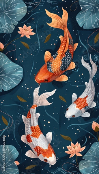 Fototapeta Vector illustration of koi fish, simple flat style with simple lines, on a blue background with lotus leaves and water lilies in the corners. Each koi fish is in a different color, depicted in a top-d