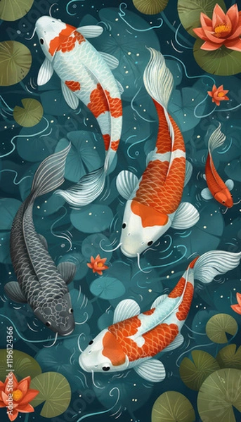 Fototapeta Vector illustration of koi fish, simple flat style with simple lines, on a blue background with lotus leaves and water lilies in the corners. Each koi fish is in a different color, depicted in a top-d