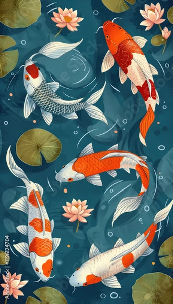 Fototapeta Vector illustration of koi fish, simple flat style with simple lines, on a blue background with lotus leaves and water lilies in the corners. Each koi fish is in a different color, depicted in a top-d