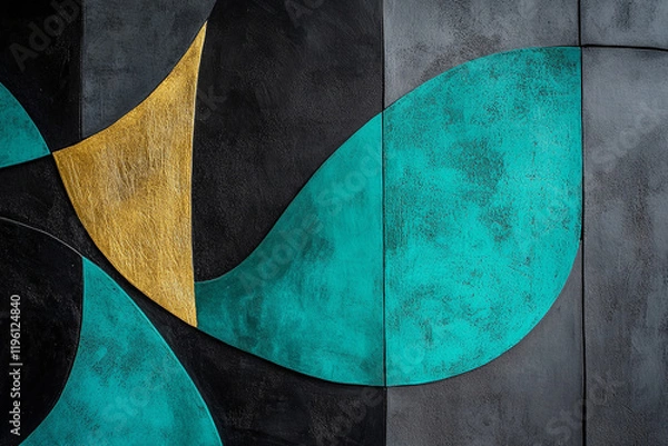 Fototapeta The image features a modern, abstract wall art with a combination of black, gold, and teal colors