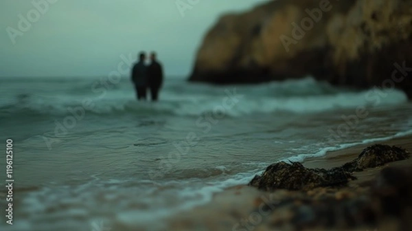 Obraz Two figures stand in the distance, blurred, as waves gently lap at the shore.