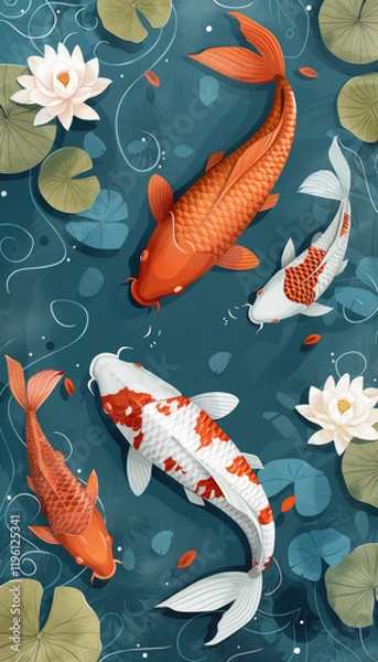 Fototapeta Vector illustration of koi fish, simple flat style with simple lines, on a blue background with lotus leaves and water lilies in the corners. Each koi fish is in a different color, depicted in a top-d