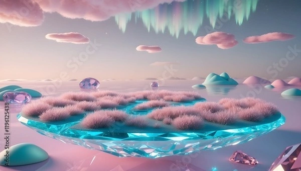 Obraz Cute Crystal Island Wallpaper: Pastel Sky, Sparkling Water, and Dreamy Landscape