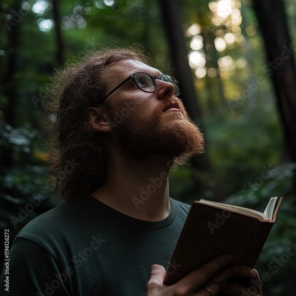 Obraz A young environmentalist man with a beard and glasses looks up into the trees while holding a note book.