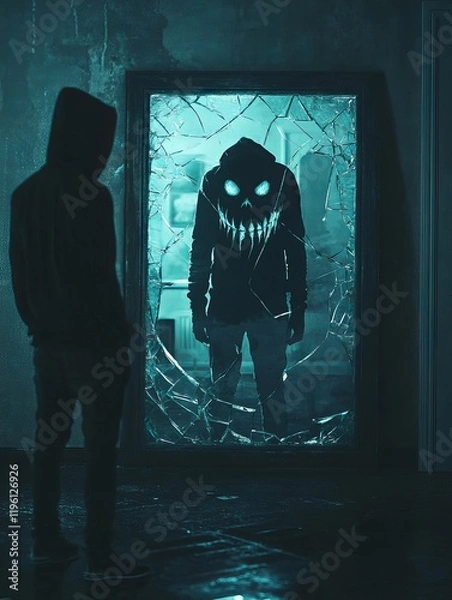 Obraz A man in a hooded sweatshirt sees a terrifying reflection in a broken mirror.