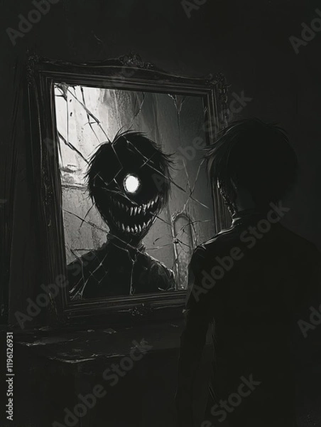 Obraz A young man stares into a cracked mirror, revealing a horrifying reflection.