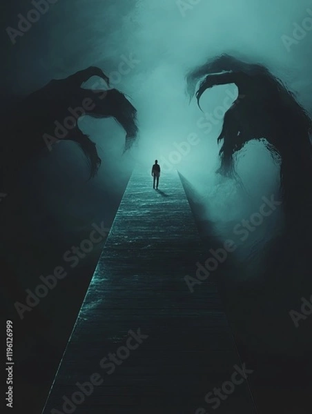 Obraz A lone figure walks toward the light on a path flanked by shadowy hands.