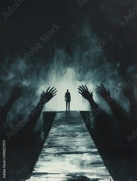 Obraz A lone man stands on a path with reaching hands in the darkness.