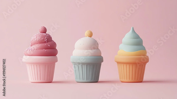 Fototapeta A playful set of plastic toys shaped like cupcakes and ice cream, In the Scandinavian design. Cute minimalistic form language