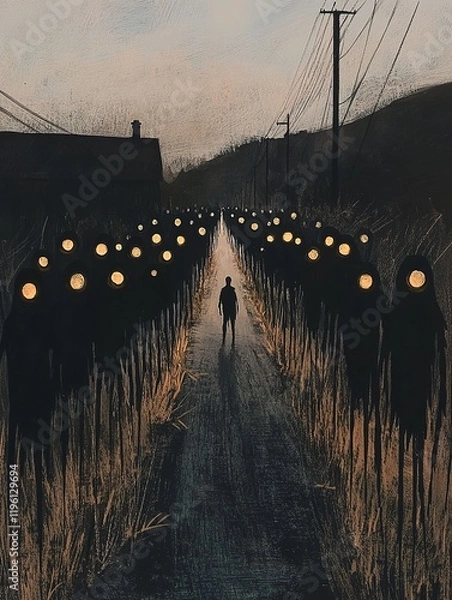 Obraz A lone figure walks down a path lined with ominous figures, their eyes glowing in the twilight.
