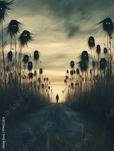 Obraz A lone man walks down a road surrounded by tall plants with glowing eyes.