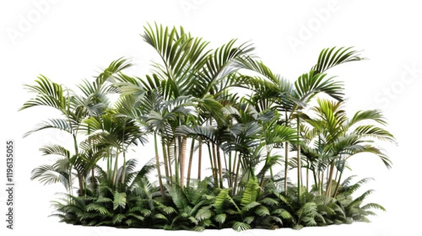 Fototapeta Group of tropical palm trees with detailed foliage, isolated on white background