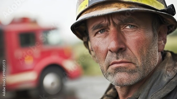 Obraz A close-up portrait of a firefighter with a serious expression.