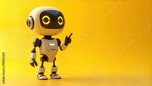 Fototapeta Cute Futuristic Robot Pointing in Yellow Background