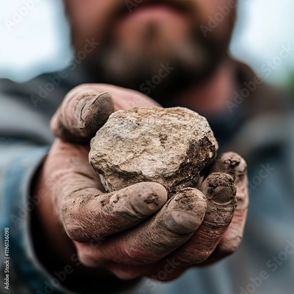 Obraz Closeup of a geologist man's hands holding a rough stone.