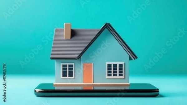 Fototapeta house financial investment mortgage concept. A miniature house on a smartphone, symbolizing digital real estate and technology.