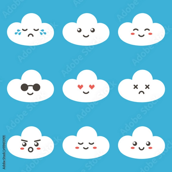 Fototapeta Flat design cartoon cute cloud character with different facial expressions, emotions. Set, collection of emoji on blue background.