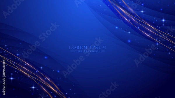 Fototapeta Blue elegant background with dynamic golden curves, shining stars, and sparkling light effects