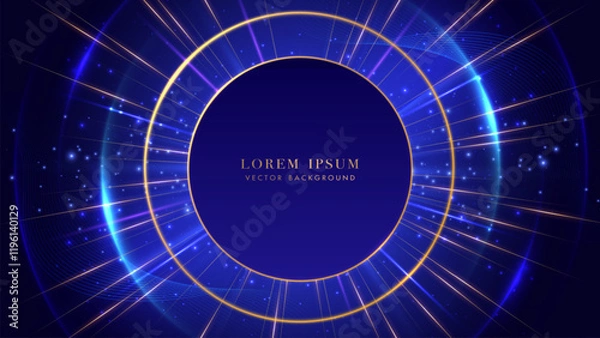 Fototapeta Futuristic blue background with golden ring, glowing radius, dynamic light beams, and sparkling effects