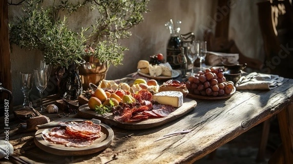 Obraz Rustic Mediterranean Feast: A Table Set for a Bountiful Gathering