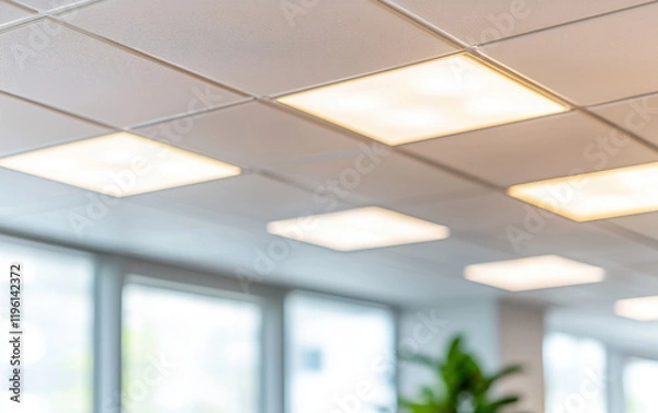 Fototapeta Bright ceiling lights illuminate modern office space with clean design