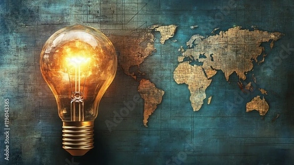 Obraz A glowing light bulb illuminates a world map, symbolizing global innovation.