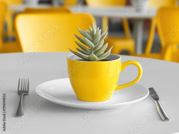 Fototapeta vibrant yellow cup with succulent plant sits on white plate, creating cheerful dining scene