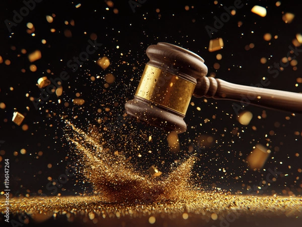 Fototapeta close up of auction hammer striking surface, creating burst of golden particles. scene conveys excitement and anticipation