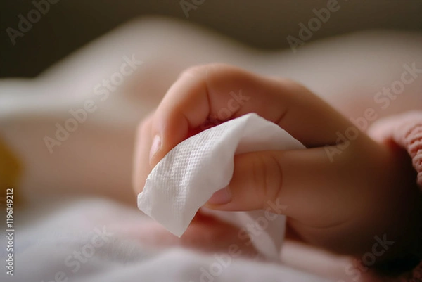 Fototapeta A close-up of a child's hand holding a clean tissue, set against a softly blurred background, evoking a sense of tenderness and care.