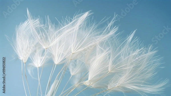 Fototapeta Soft-focus white dandelion seeds grouped against bright blue background, nature macro