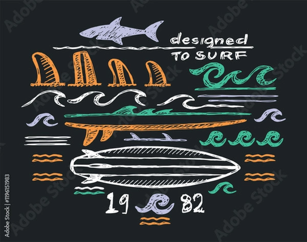 Obraz Vector illustration in a free and stripped style of surfing related elements. Chalk style drawing on a blackboard.