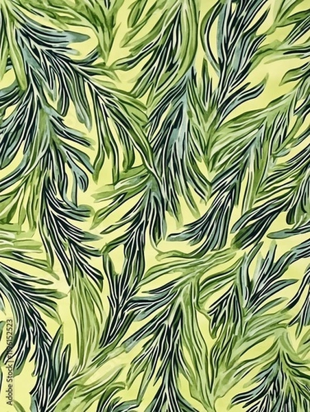 Obraz botanical pattern featuring lush green cypress leaves on a light yellow background, highlighting natural elegance and organic movement