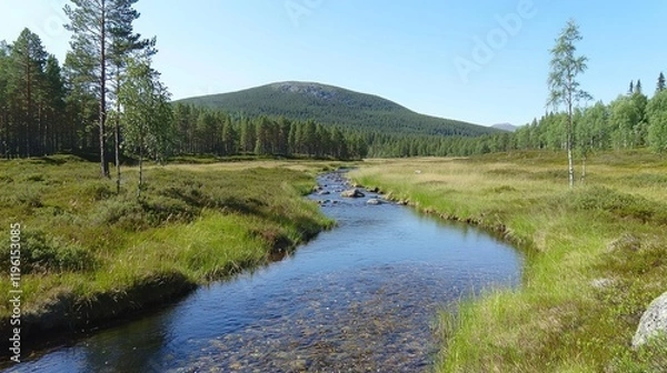Fototapeta Serene landscape featuring a flowing river and lush greenery.