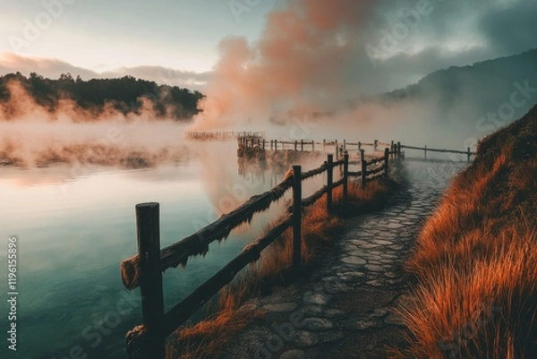 Fototapeta Misty sunrise over calm lake with wooden fence and path.