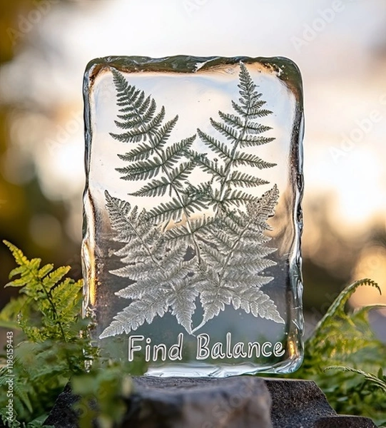 Fototapeta A glass block with a fern pressed inside, the words "Find Balance" are etched at the bottom.
