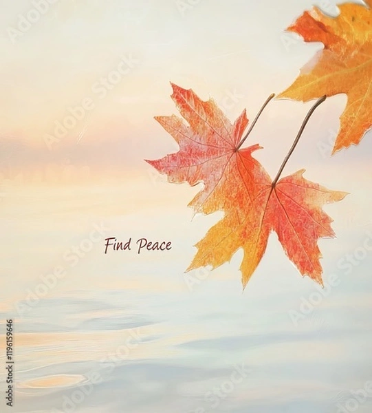 Fototapeta Two fall leaves against a soft, hazy background with the words "Find Peace" written on the image.