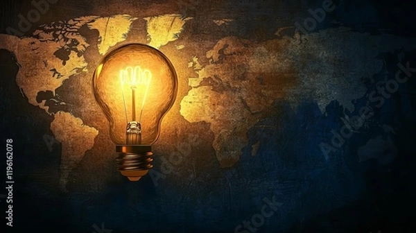 Fototapeta A glowing lightbulb illuminates a world map, symbolizing global ideas.