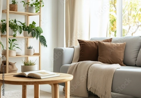 Fototapeta Cozy Living Room with Soft Gray Sofa, Warm Brown Cushions, and Lush Green Plants Bathed in Natural Light
